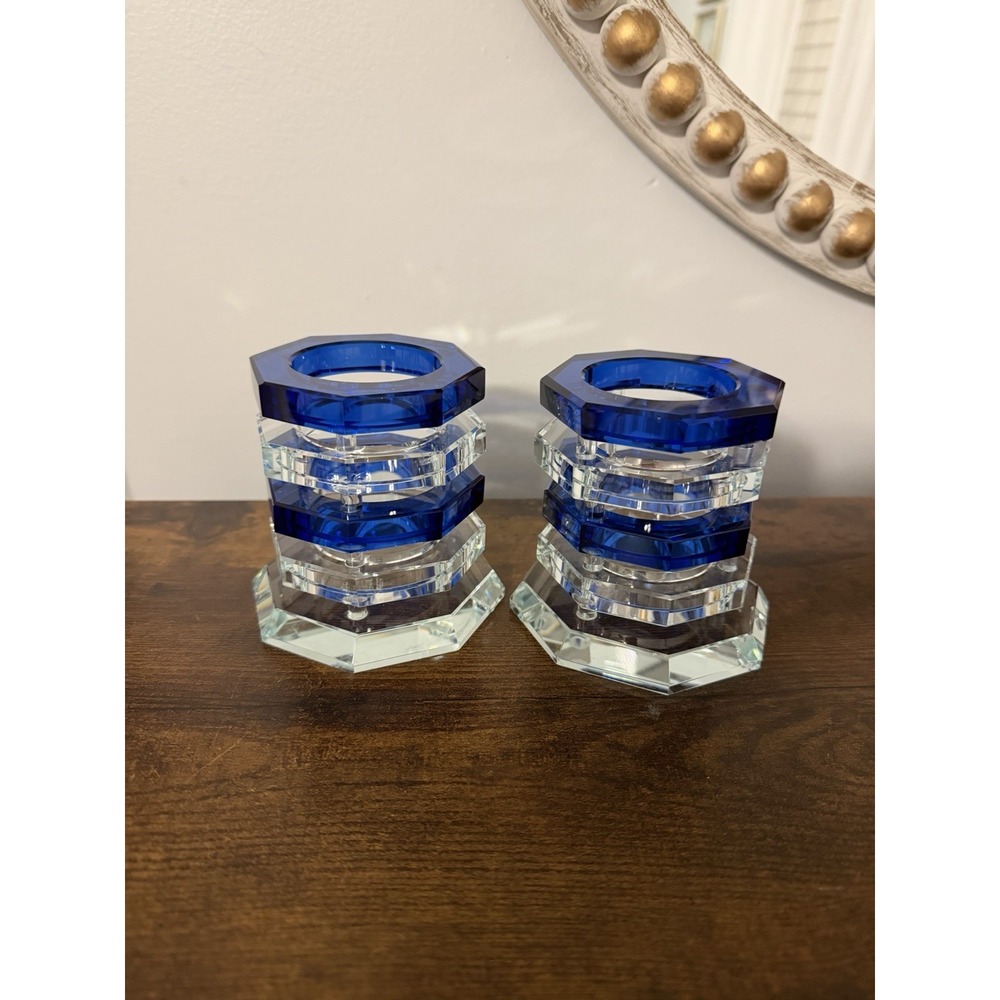 Pair of VTG Postmodern Cobalt Blue & Clear Acrylic/Lucite Octagon Candle Holders